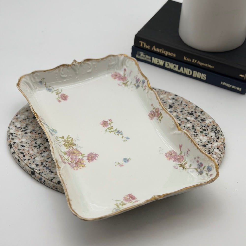 Vintage M. Redon Limoges France Floral Scalloped Gold Porcelain Deep Tray 13"
